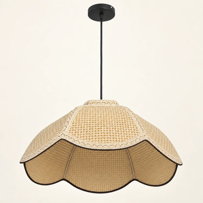 Off-white woven fabric dome pendant with scalloped lower rim