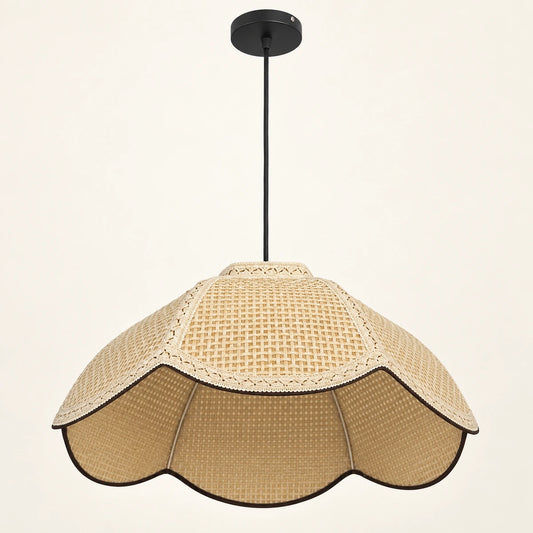 Off-white woven fabric dome pendant with scalloped lower rim