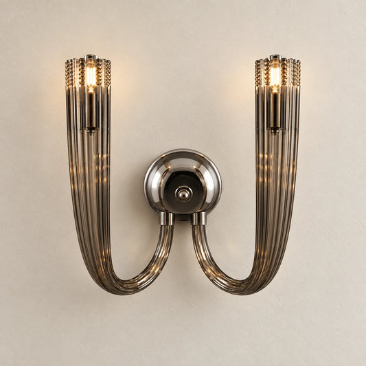 Twin-arm chrome wall sconce with two tall smoked-glass cylindrical shades