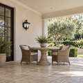 Ribbed-panel scroll-base wall lantern in a covered dining setting, styled illustration