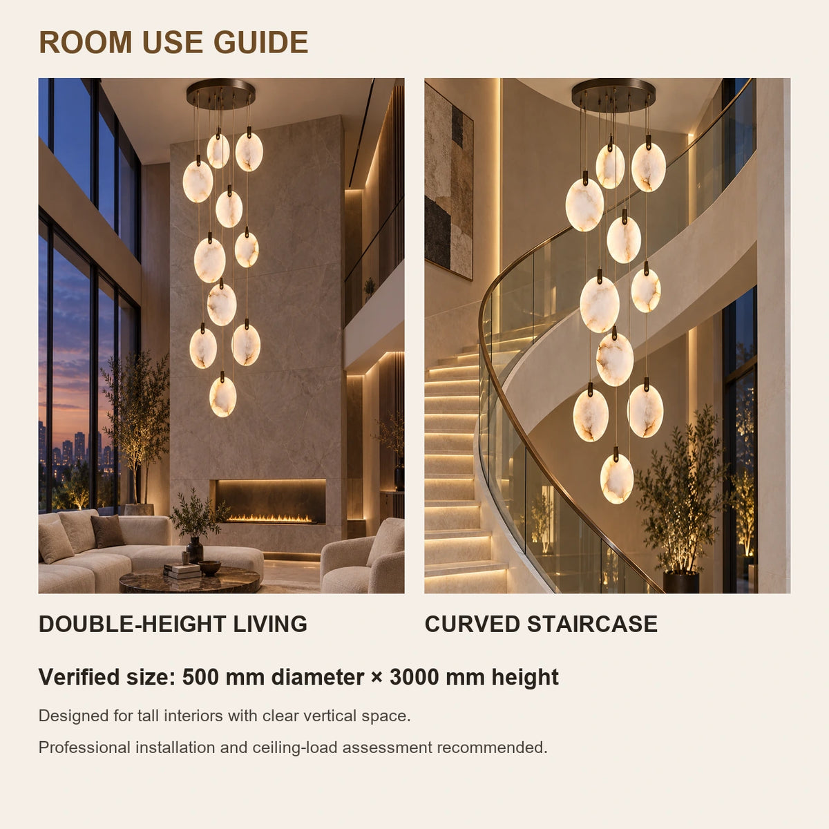 Marble disc cascade chandelier room-use guide