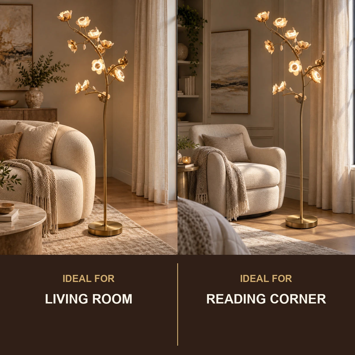Sculptural floral branch floor lamp room-use guide