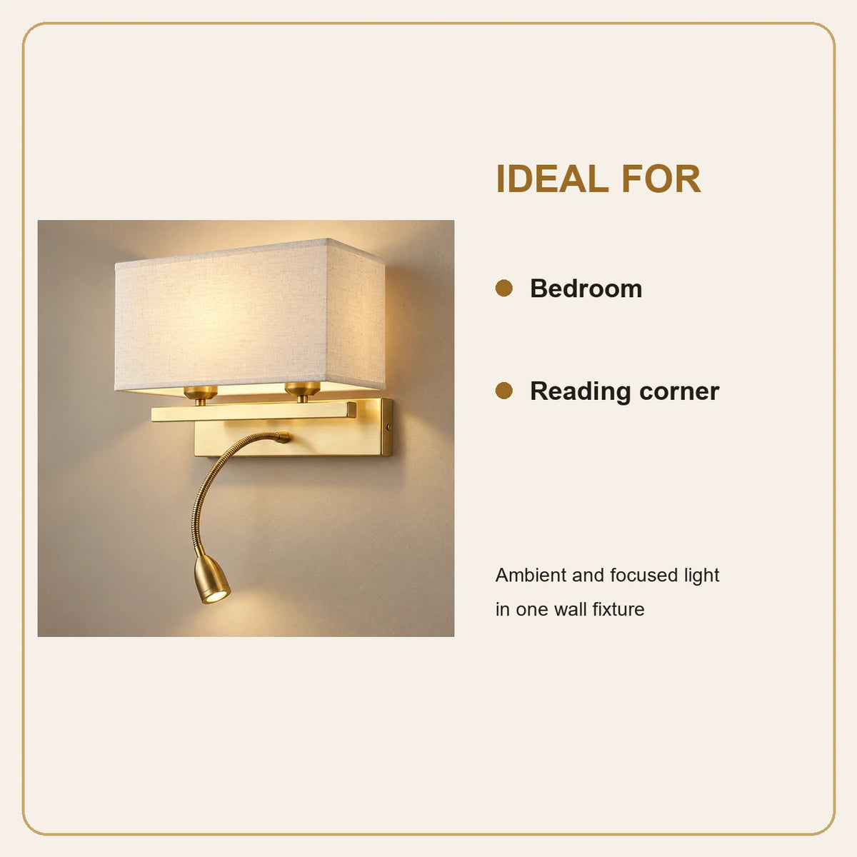 Fabric-shade wall light with reading light room-use guide