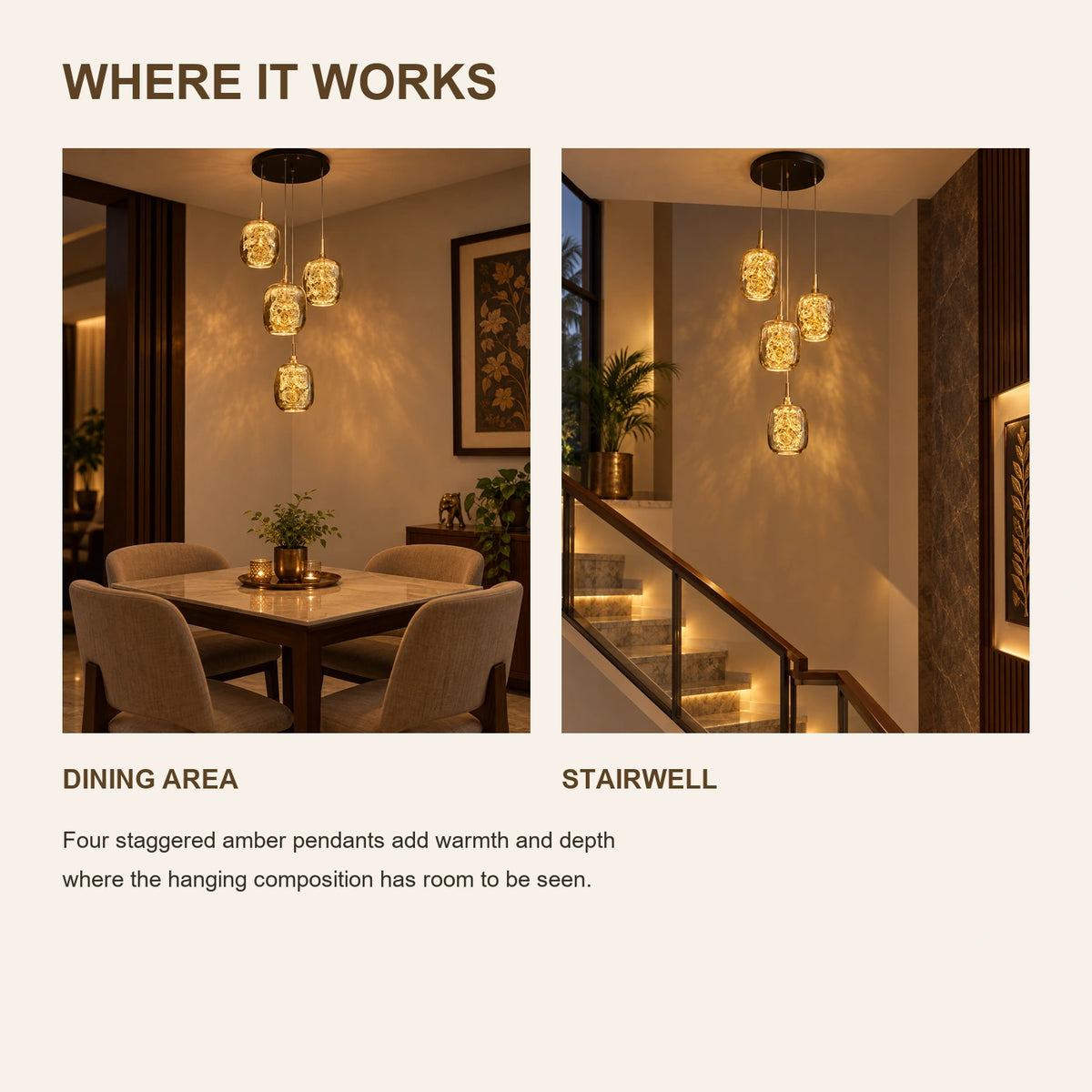 Four-light amber glass cluster pendant room-use guide