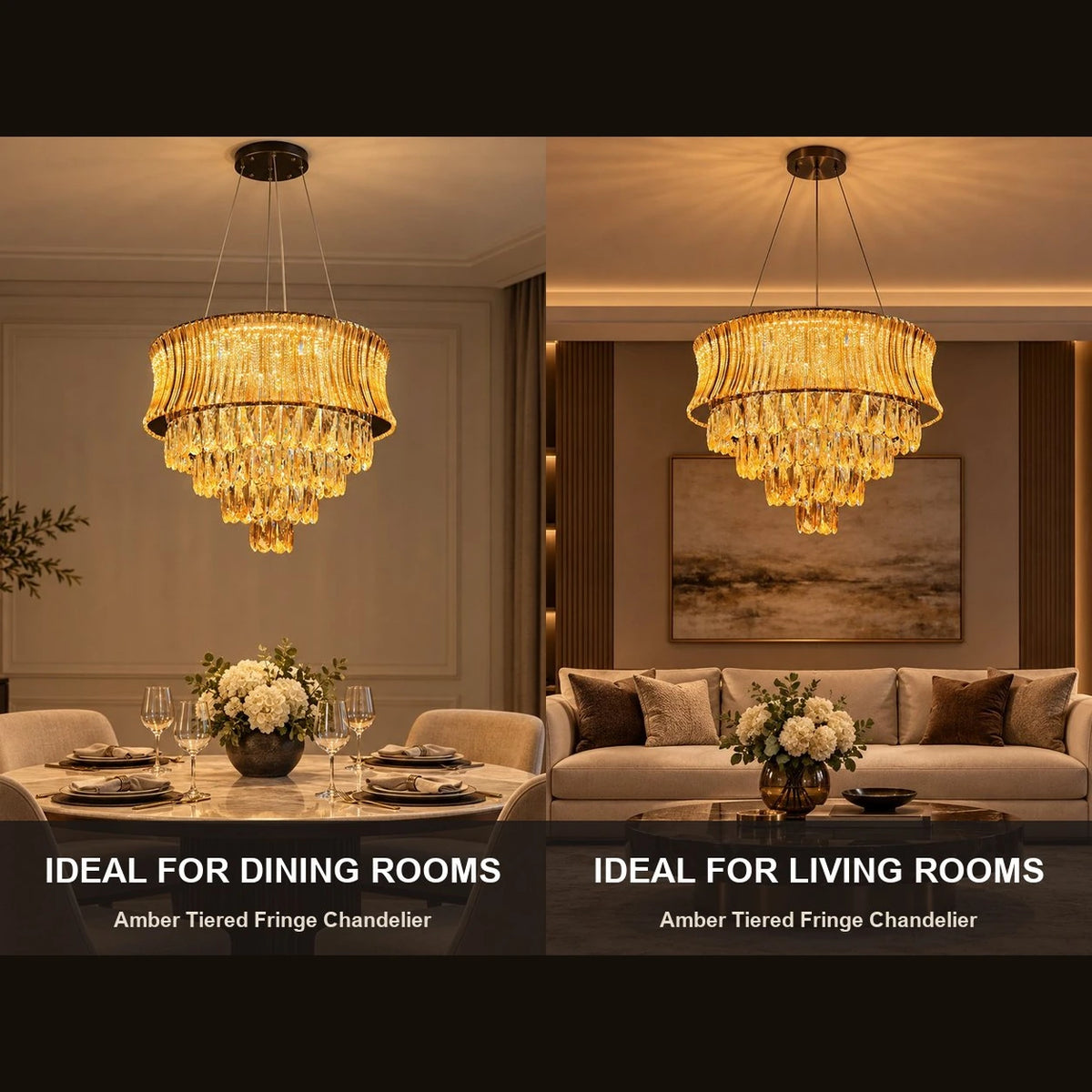 Amber tiered fringe chandelier room-use guide