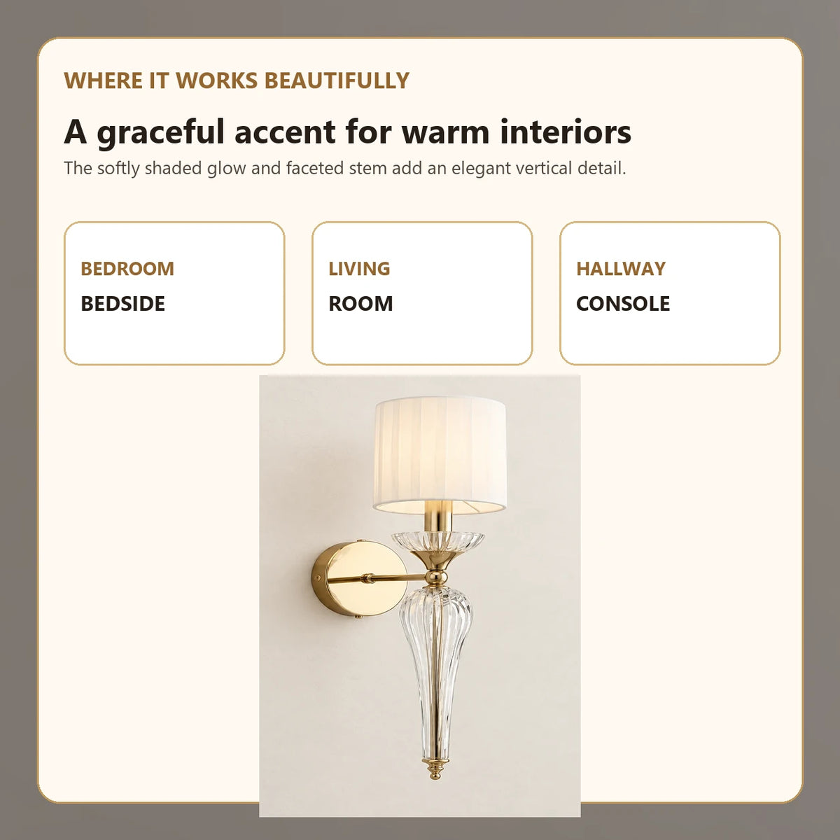 Faceted clear-stem wall sconce suited to bedrooms, living rooms and hallways