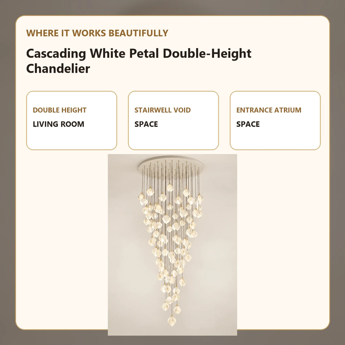 Cascading White Petal Double-Height Chandelier room-use guide