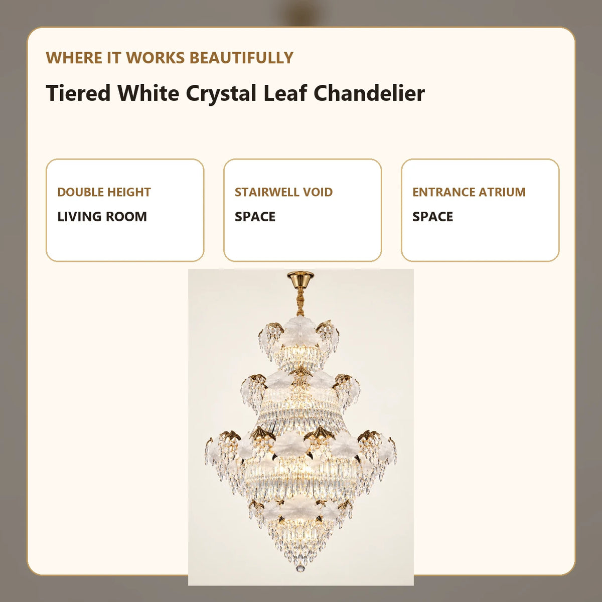 Tiered White Crystal Leaf Chandelier room-use guide