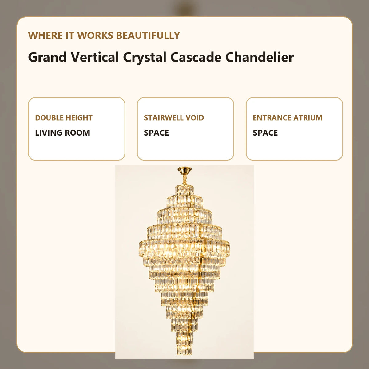 Grand Vertical Crystal Cascade Chandelier room-use guide