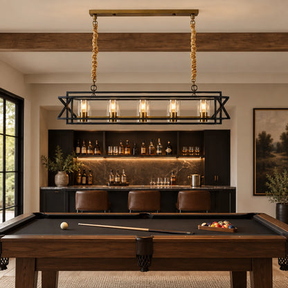 Rectangular glass-frame chandelier above a home bar and billiards table