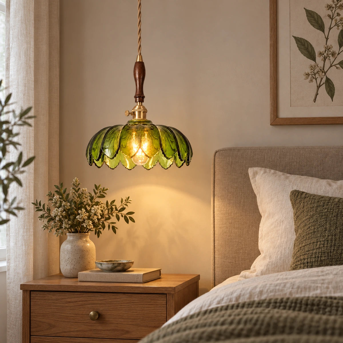 Green petal glass pendant used beside a bed