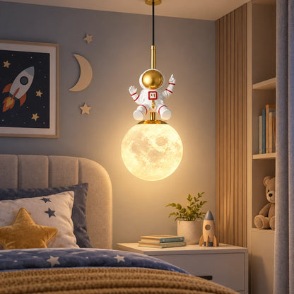 Astronaut globe pendant beside a child's bed