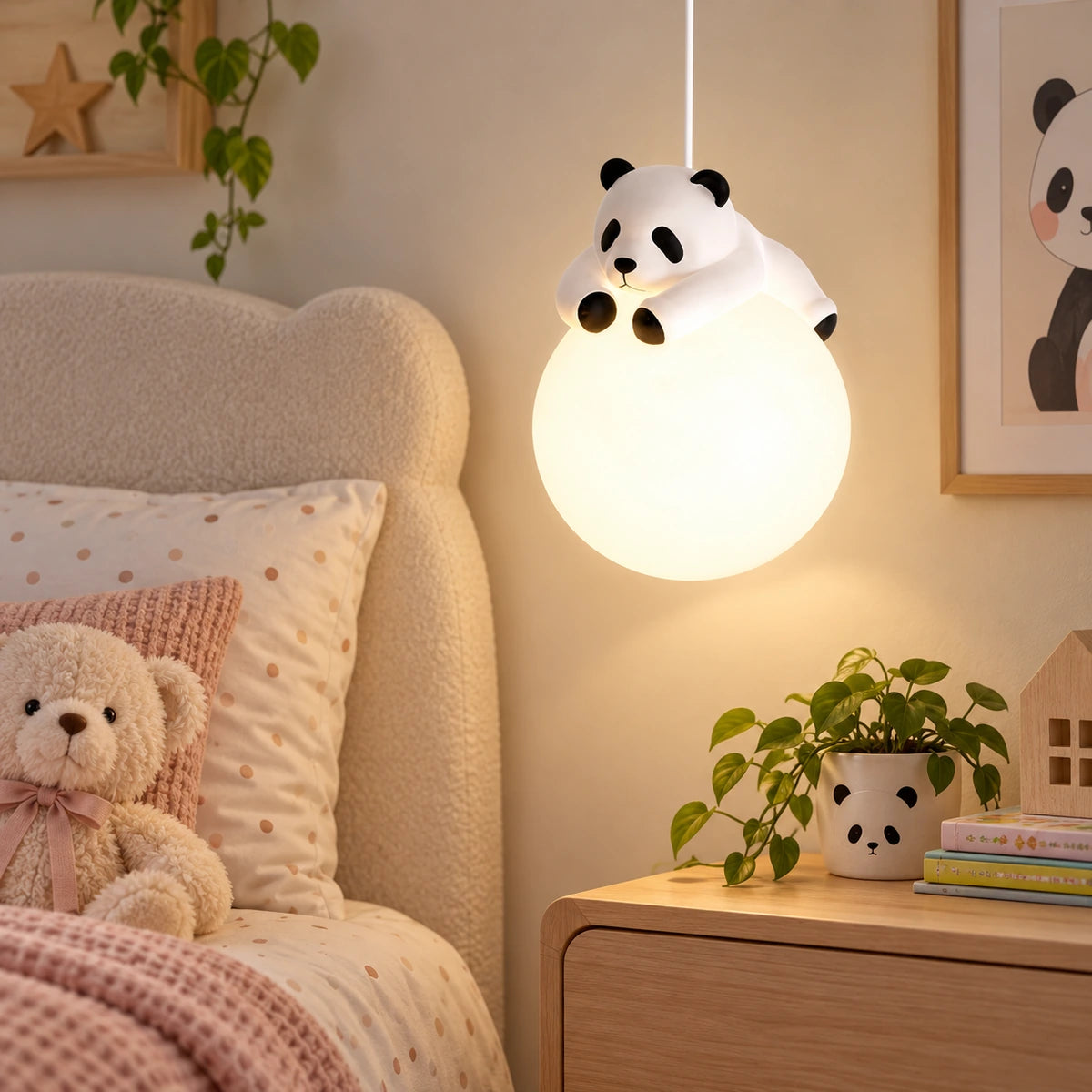 Panda Hug Globe Pendant in a child's bedroom
