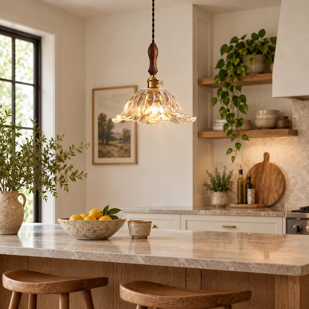 Carved glass bell pendant above a breakfast counter