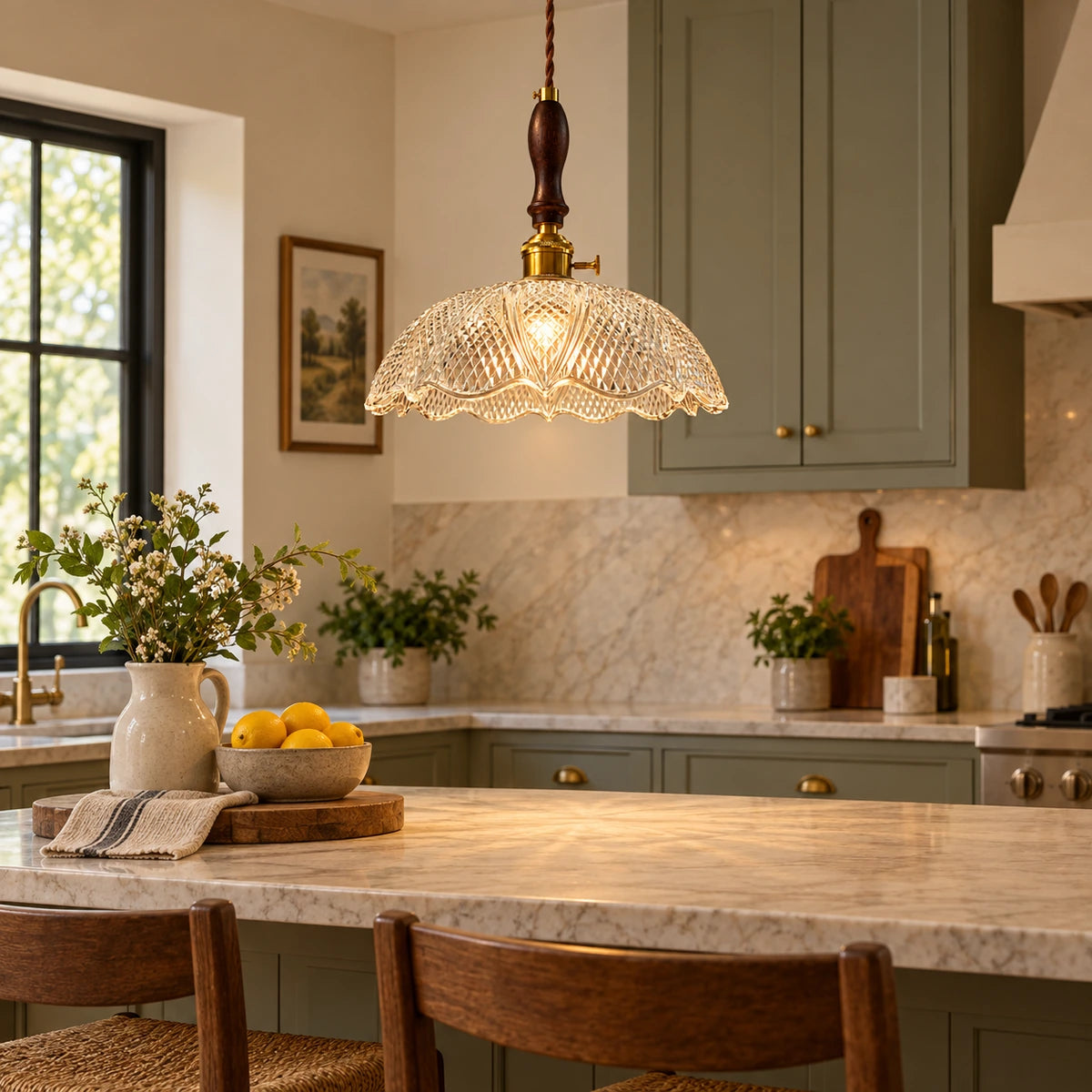 Diamond-cut glass dome pendant above a breakfast counter