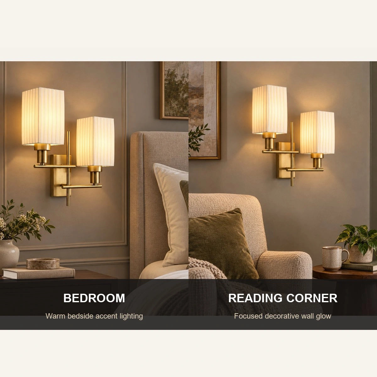 Twin pleated shade wall sconce shown for bedrooms and reading corners