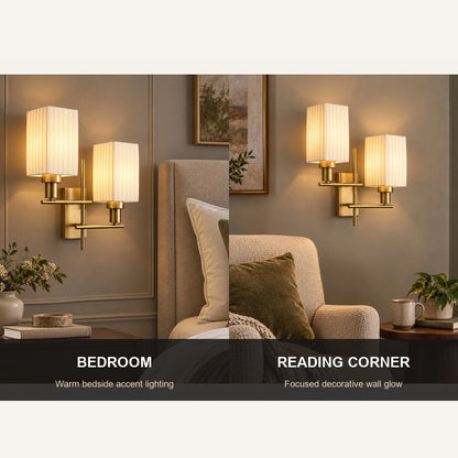 Twin pleated shade wall sconce shown for bedrooms and reading corners