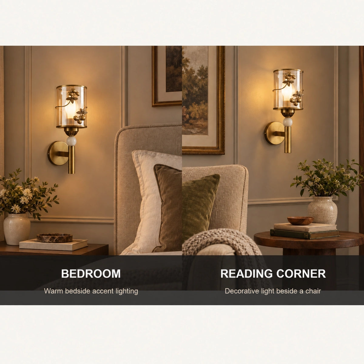 Botanical cylinder wall sconce shown for bedrooms and reading corners