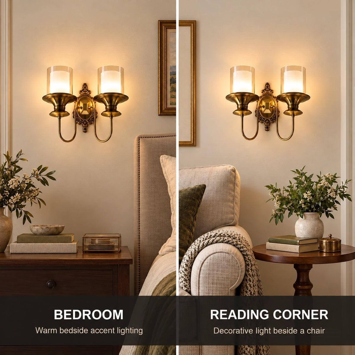 Ornate twin-cylinder wall sconce shown for bedrooms and reading corners