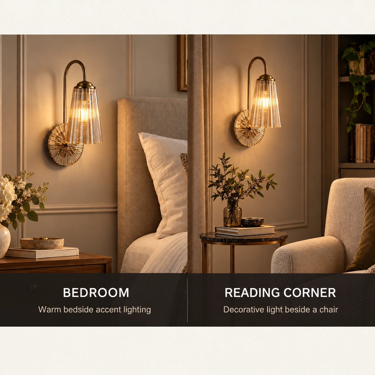 Fluted bell glass wall sconce shown for bedrooms and reading corners