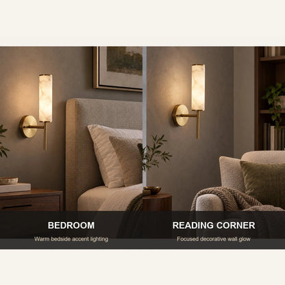 Alabaster-look cylinder wall sconce shown for bedrooms and reading corners