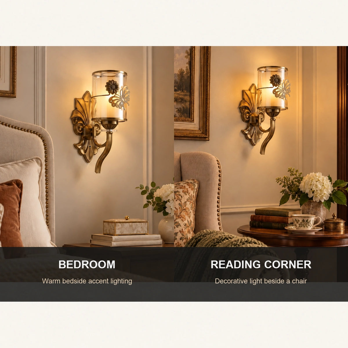 Floral cylinder wall sconce shown for bedrooms and reading corners