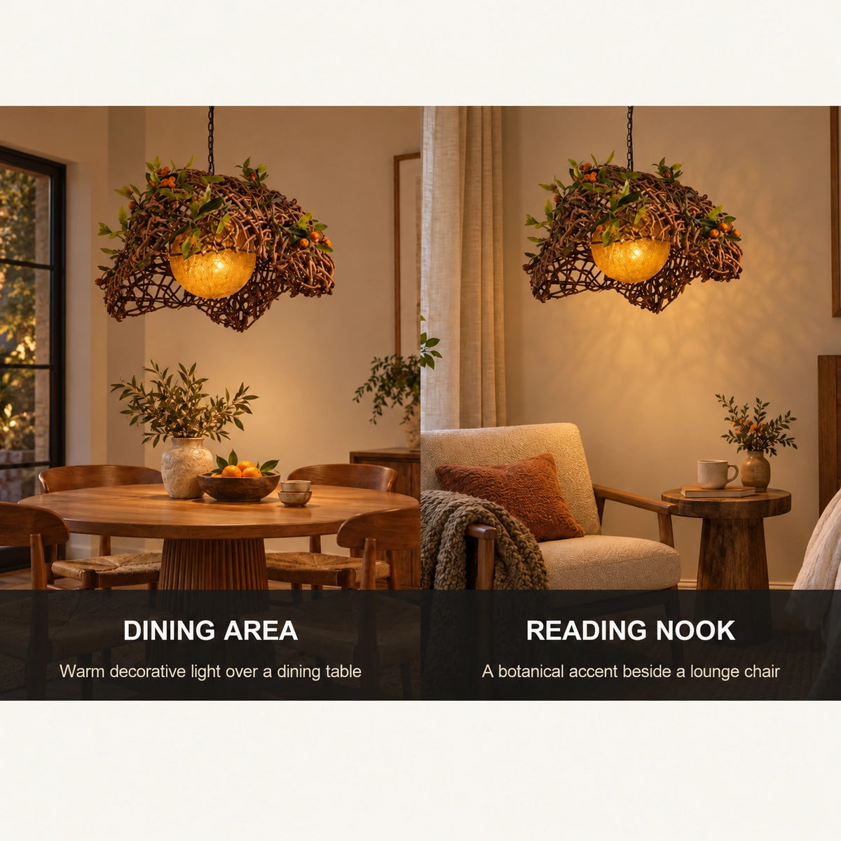 Woven botanical dome pendant shown for dining areas and reading nooks