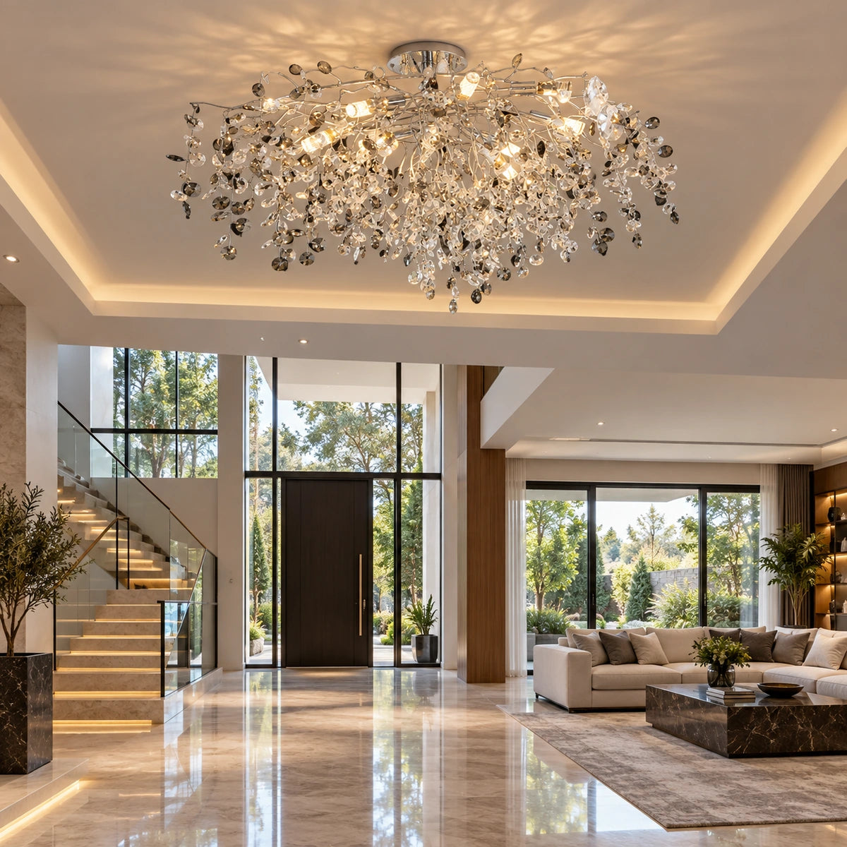 Silver smoke crystal branch chandelier above a dining table
