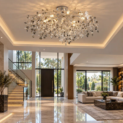 Silver smoke crystal branch chandelier above a dining table