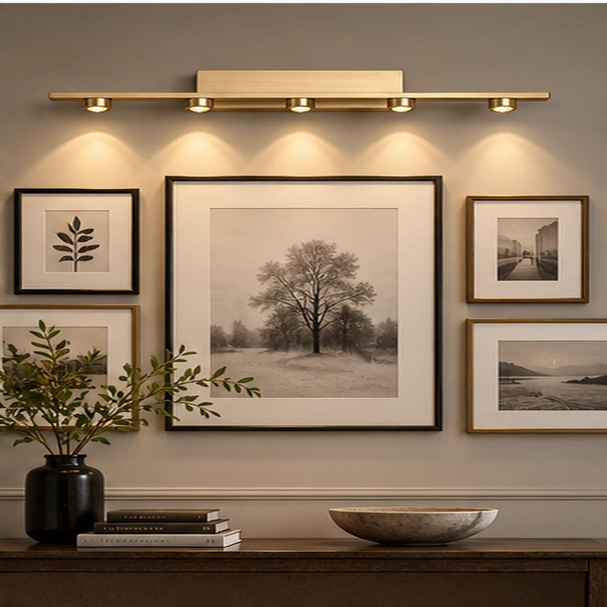 Five-light picture light in a gallery wall setting