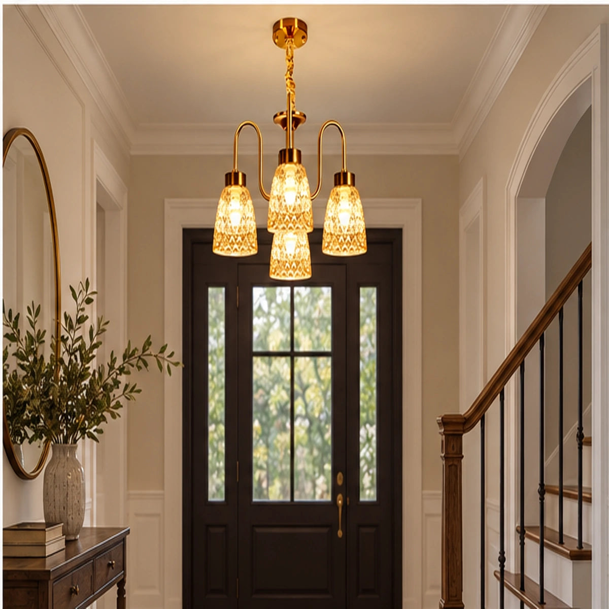 Four-light amber chandelier in a foyer
