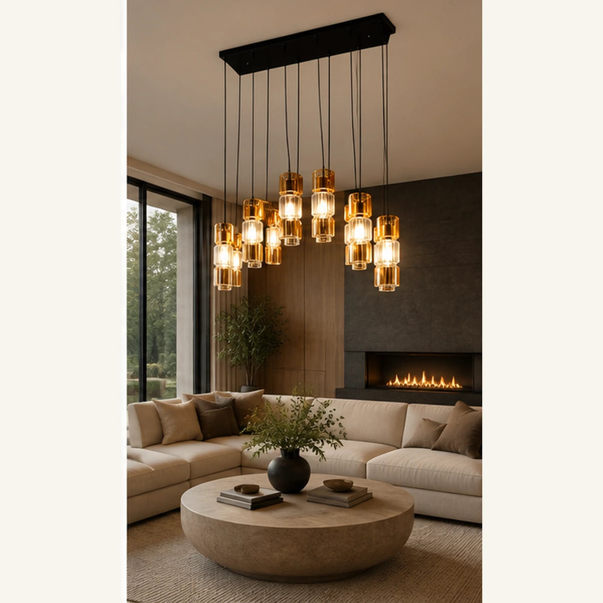 Black amber cluster pendant in an open-plan room