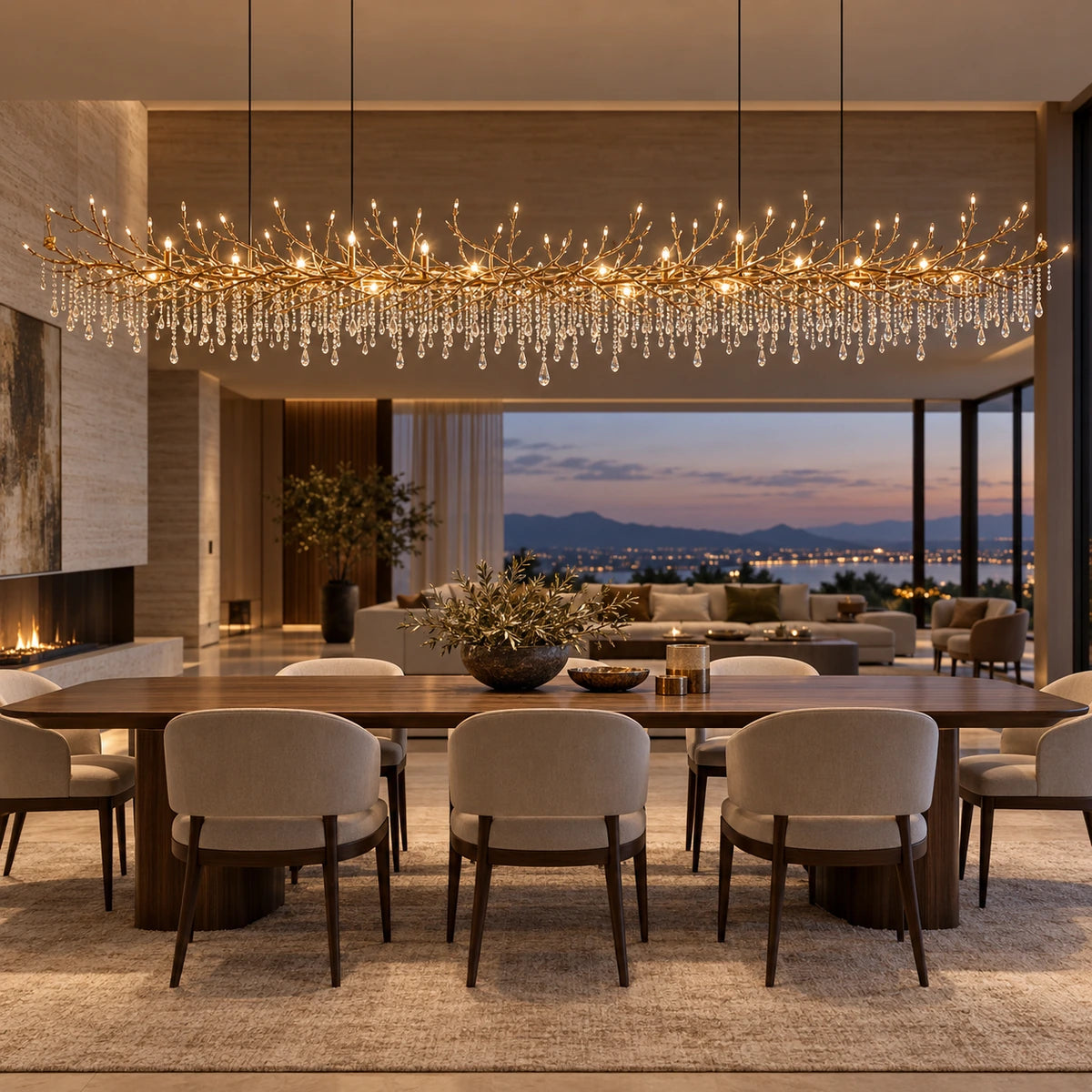 Gold clear crystal branch linear chandelier in an open-plan dining room