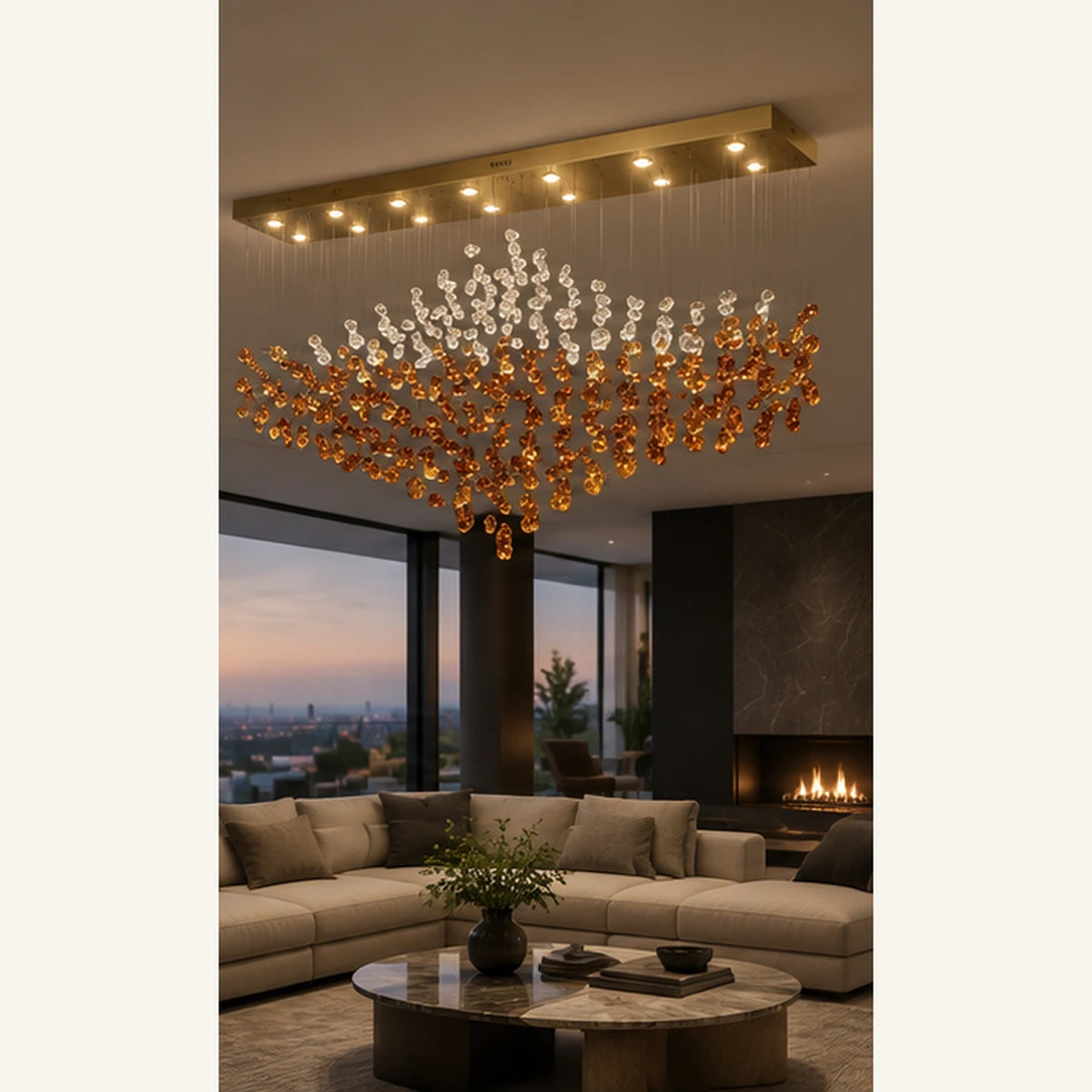 Crystal wave linear chandelier in an open-plan room