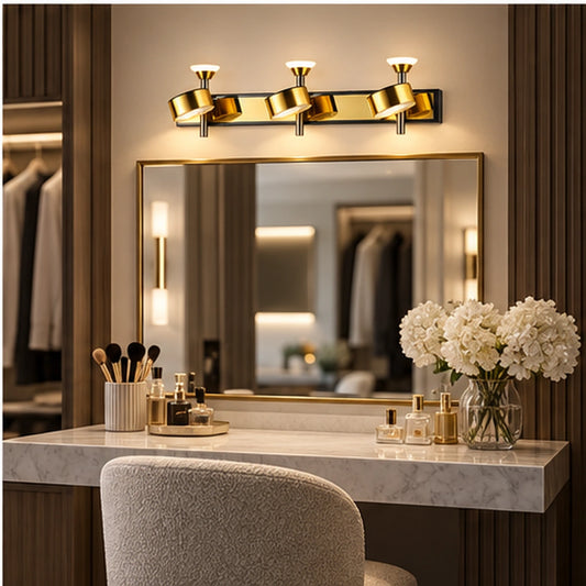 Illustrative scene: gold three-head wall light above a dressing mirror