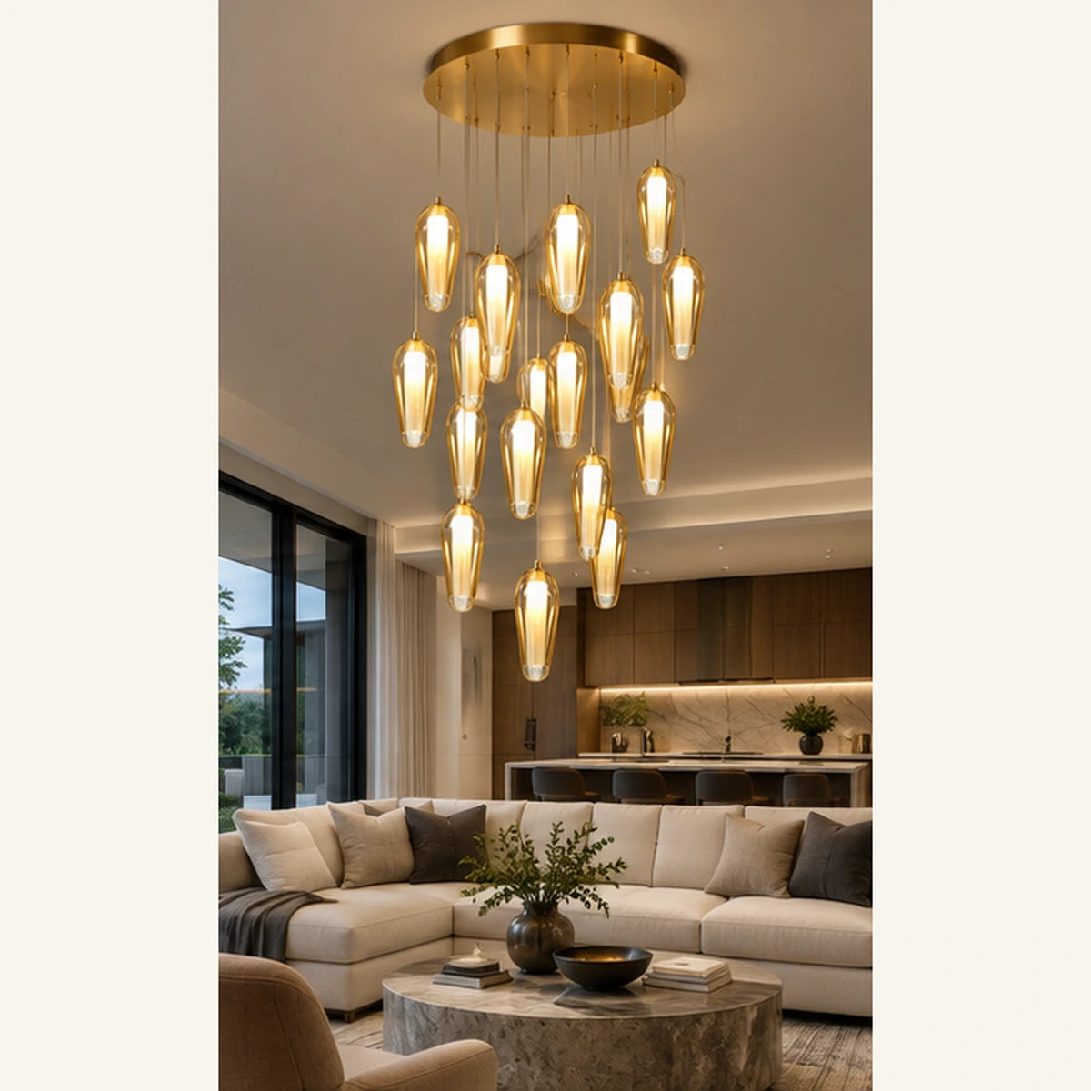 Gold amber capsule cluster in an open-plan room