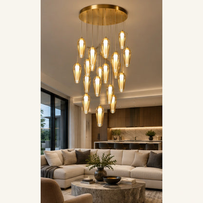 Gold amber capsule cluster in an open-plan room