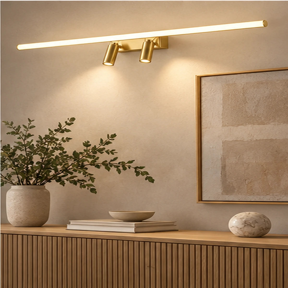 Modular mirror light in a gallery wall setting