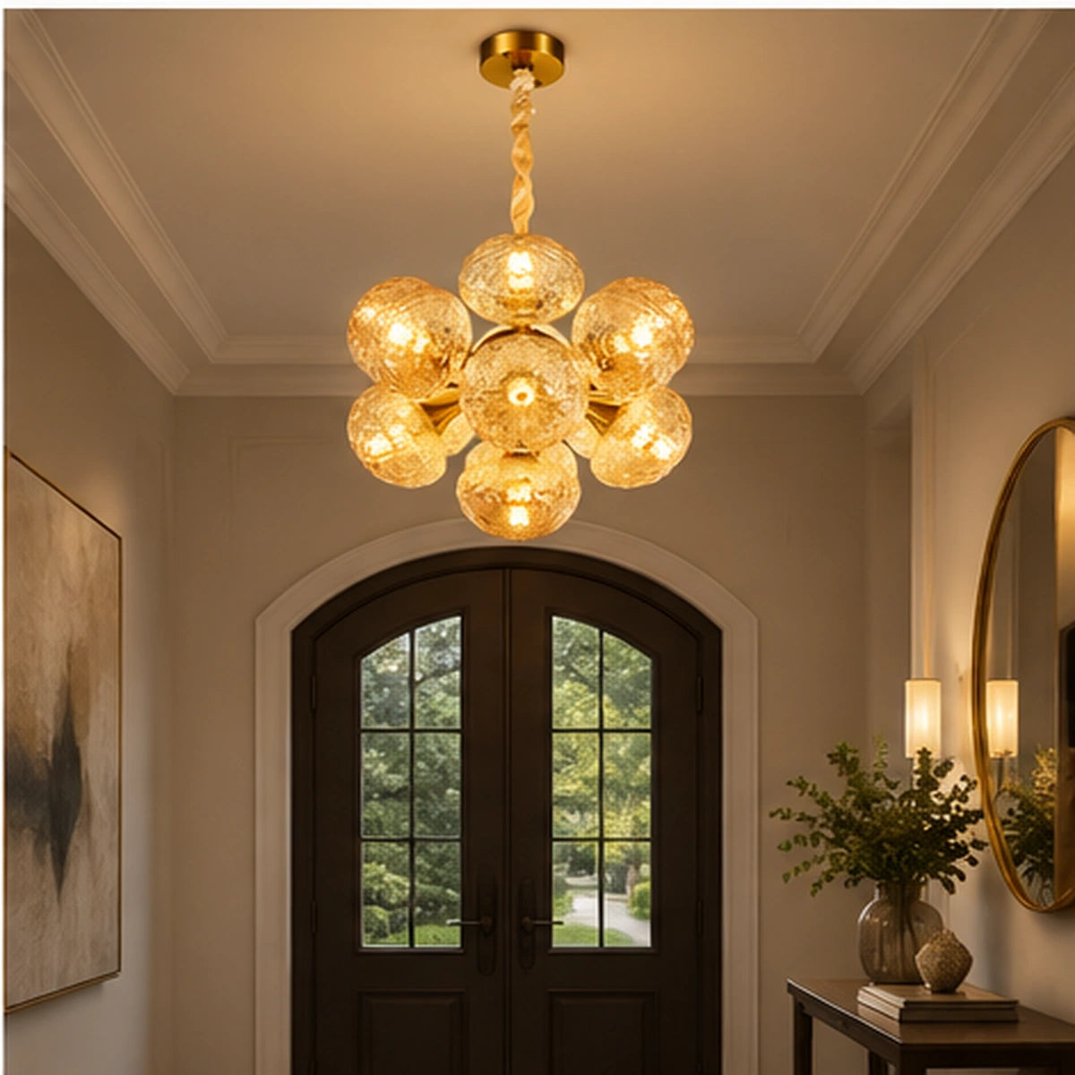 Amber globe cluster chandelier in a foyer