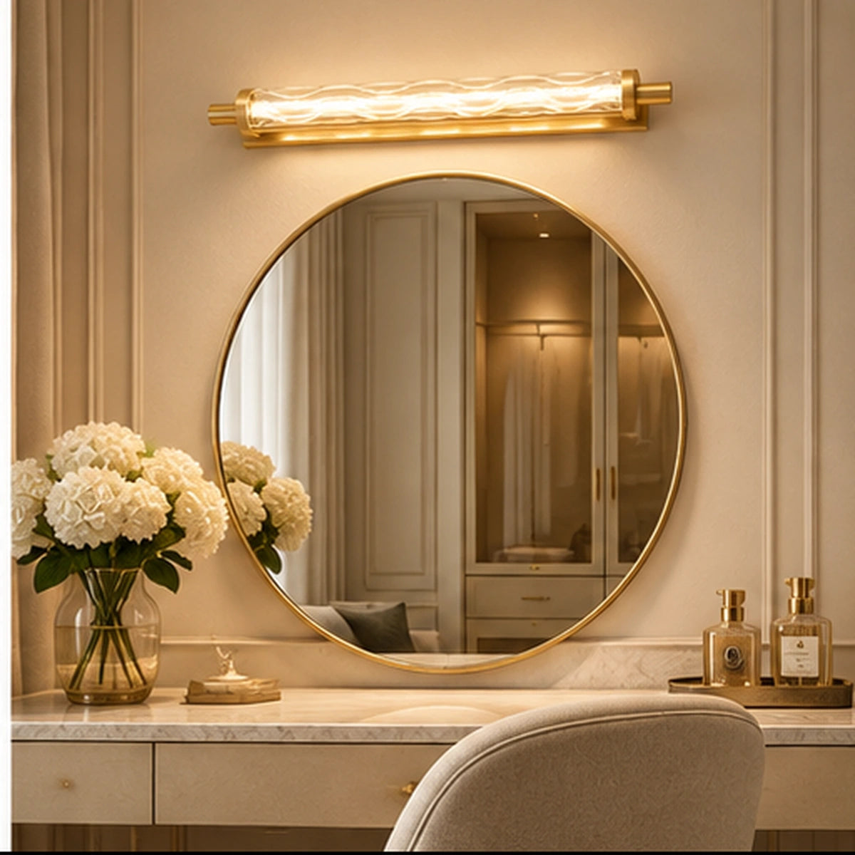 Gold faceted glass linear mirror light in a dressing room