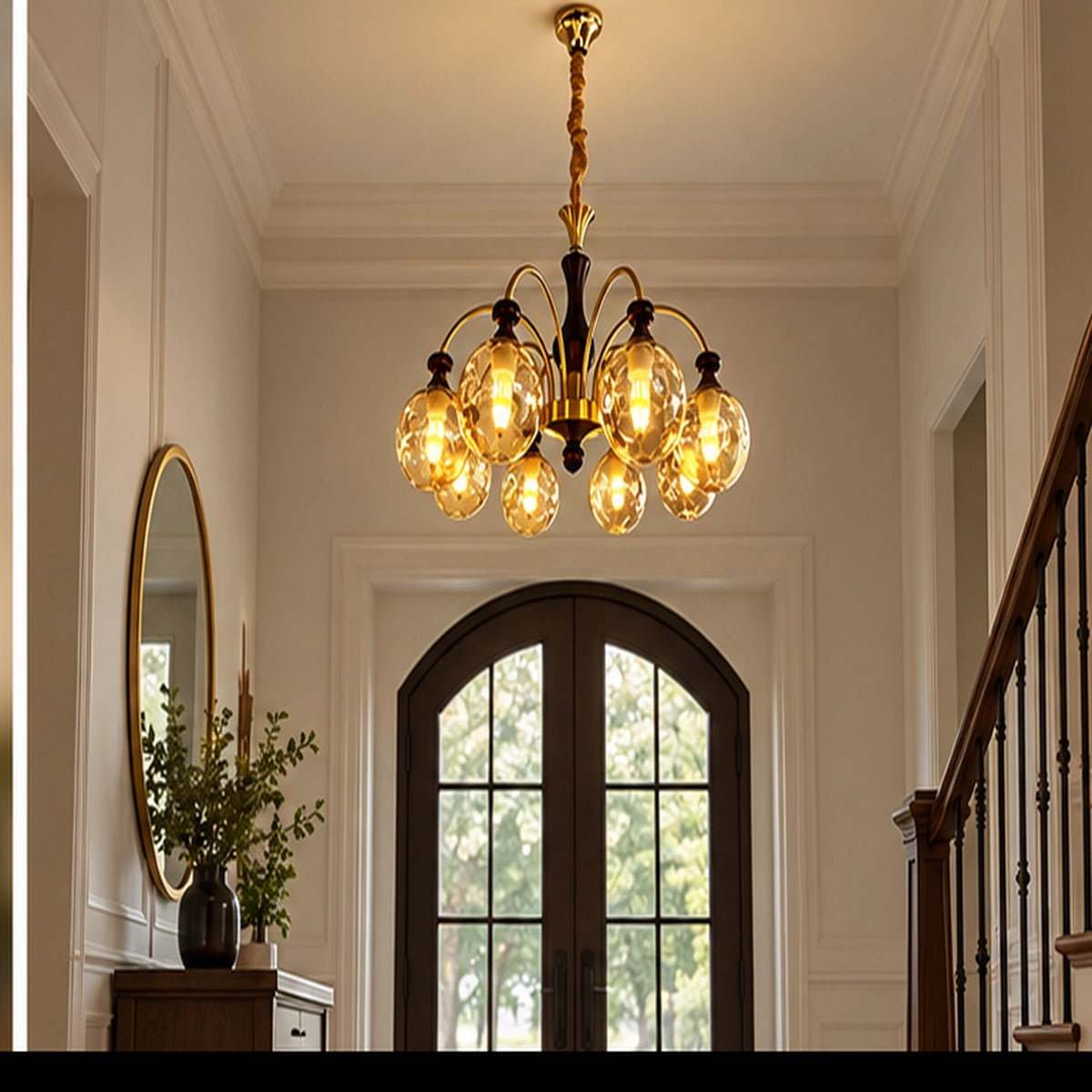 Eight-globe amber chandelier in a foyer
