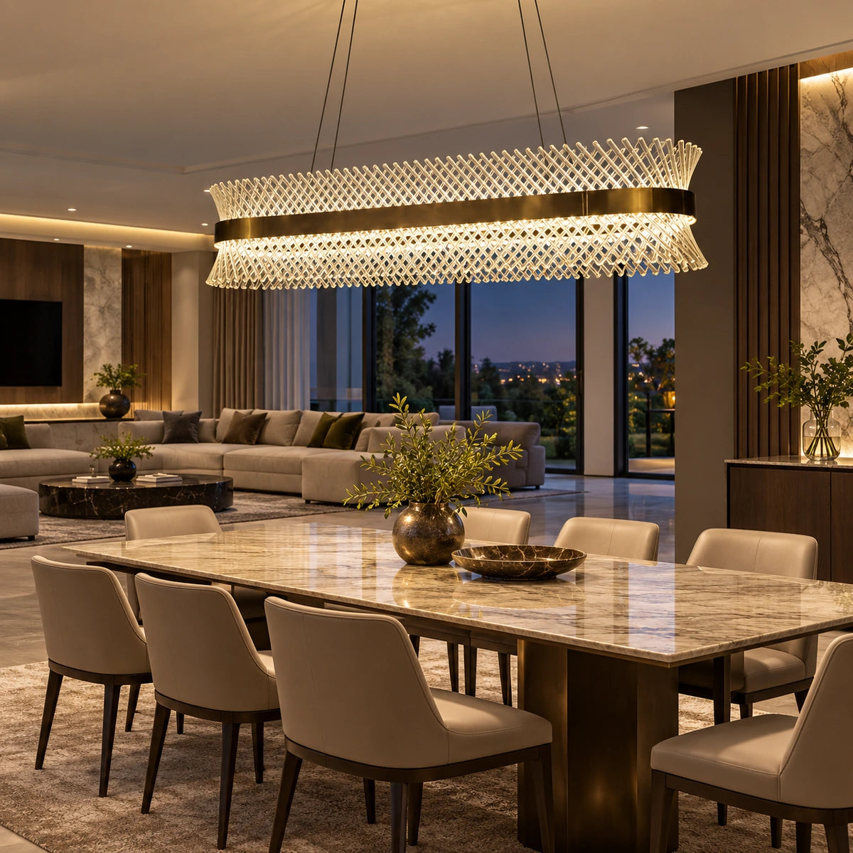 Clear glass lattice chandelier above a dining table