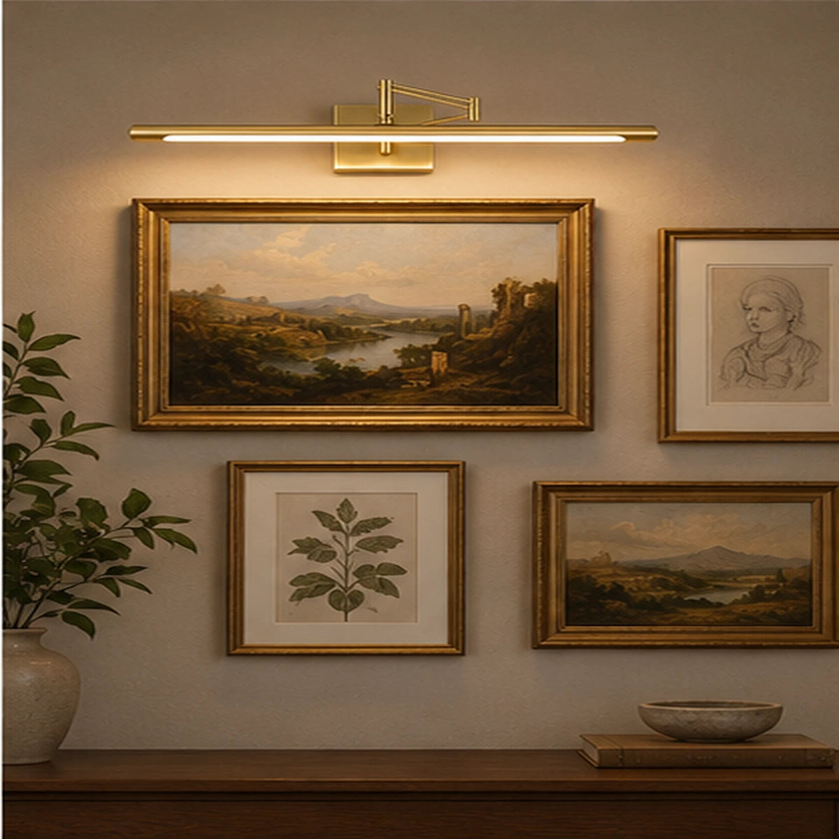 Geometric-bracket picture light in a gallery wall setting
