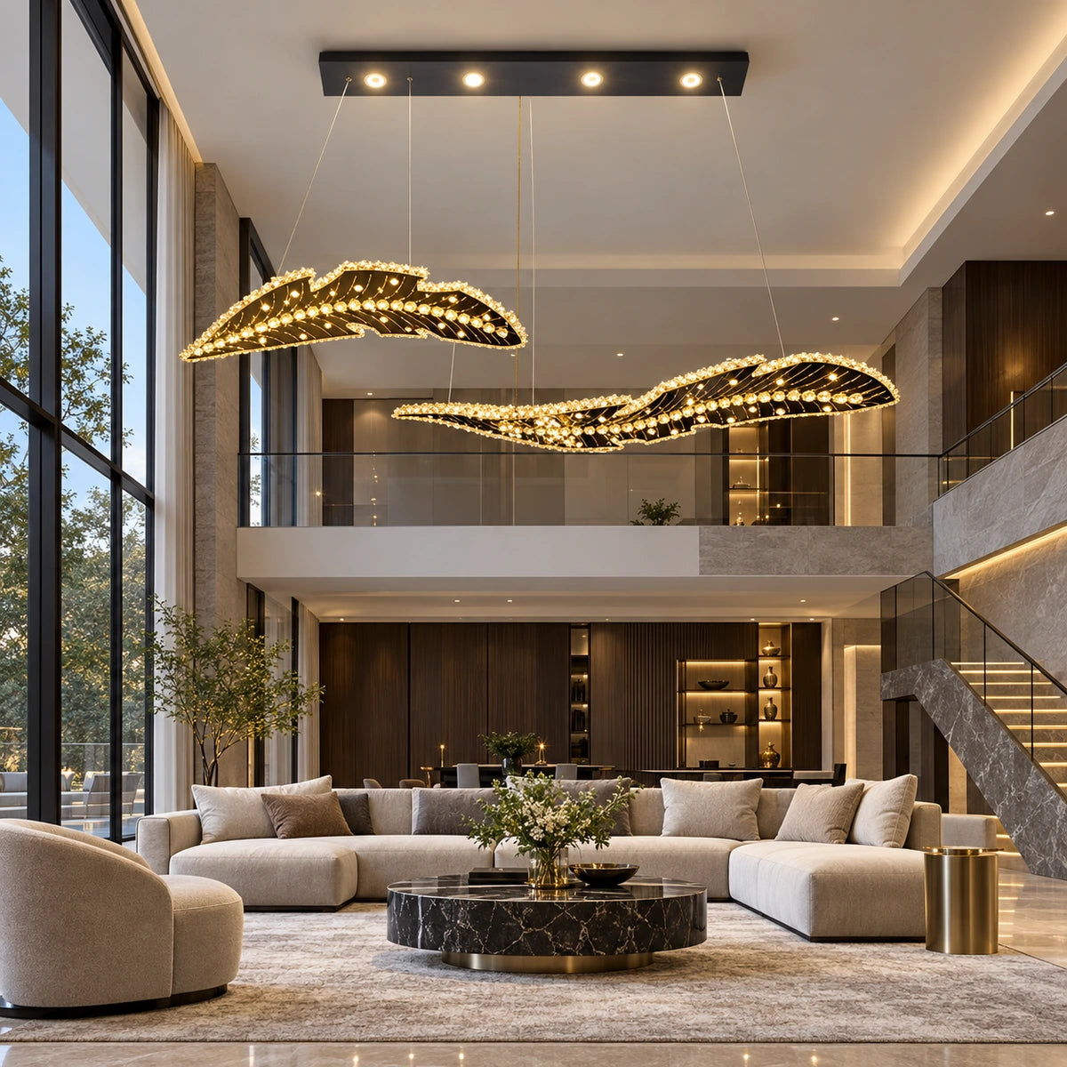 Twin-wave crystal chandelier above a dining table