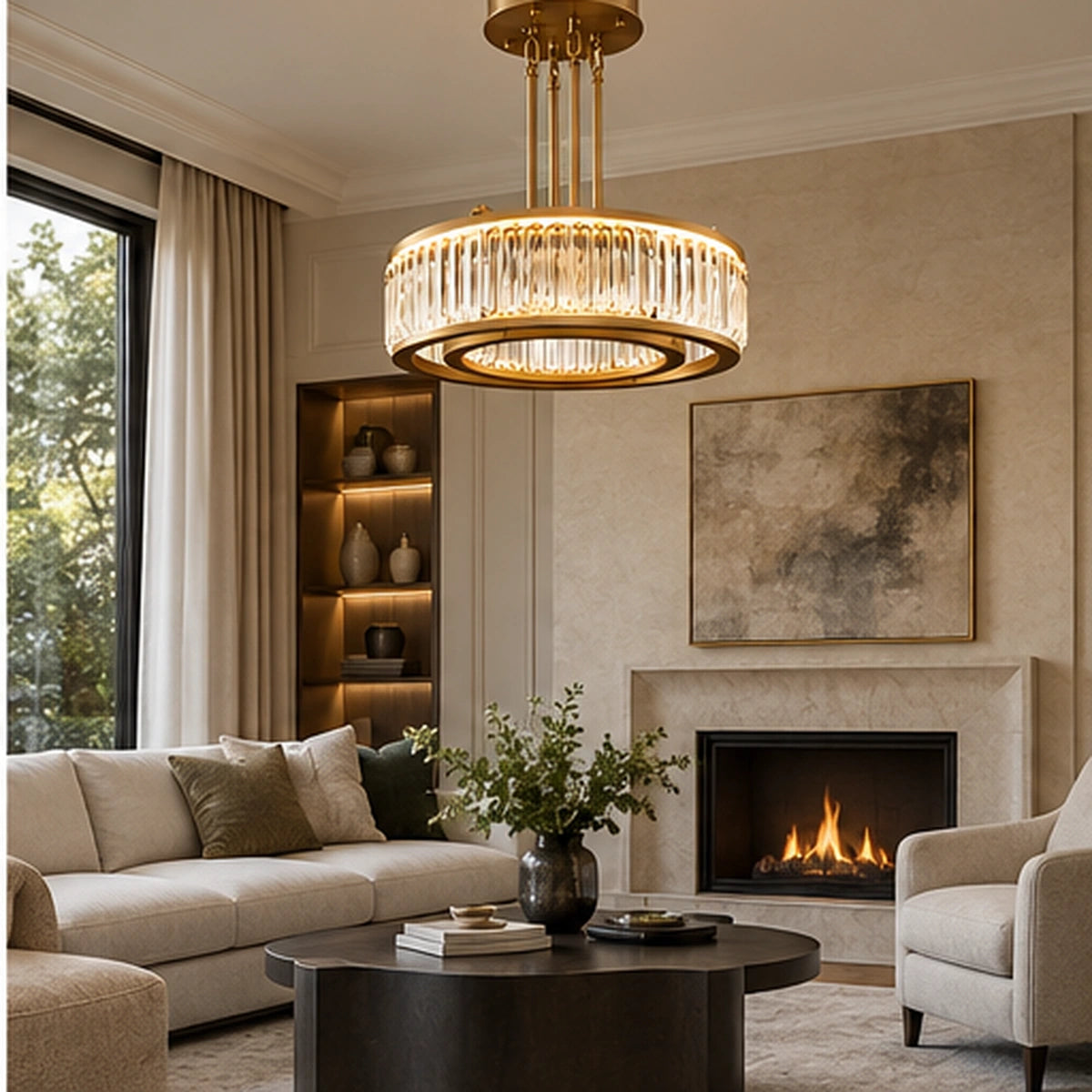 Crystal ring chandelier in a refined living room