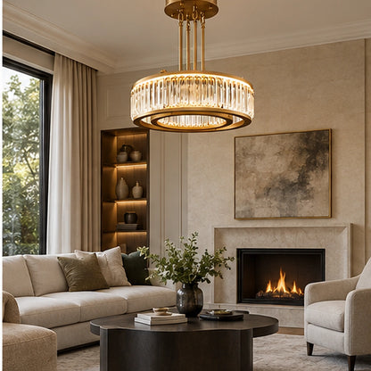 Crystal ring chandelier in a refined living room