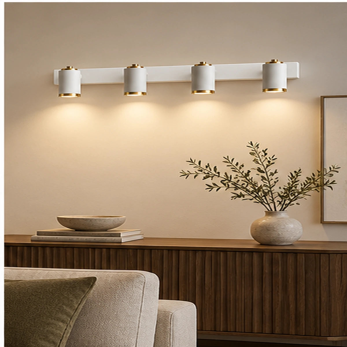 Four-light picture light in a gallery wall setting