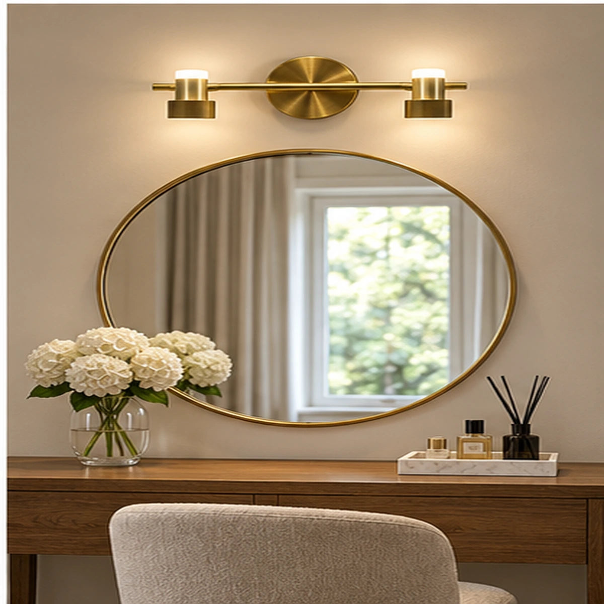 Modular mirror light in a gallery wall setting