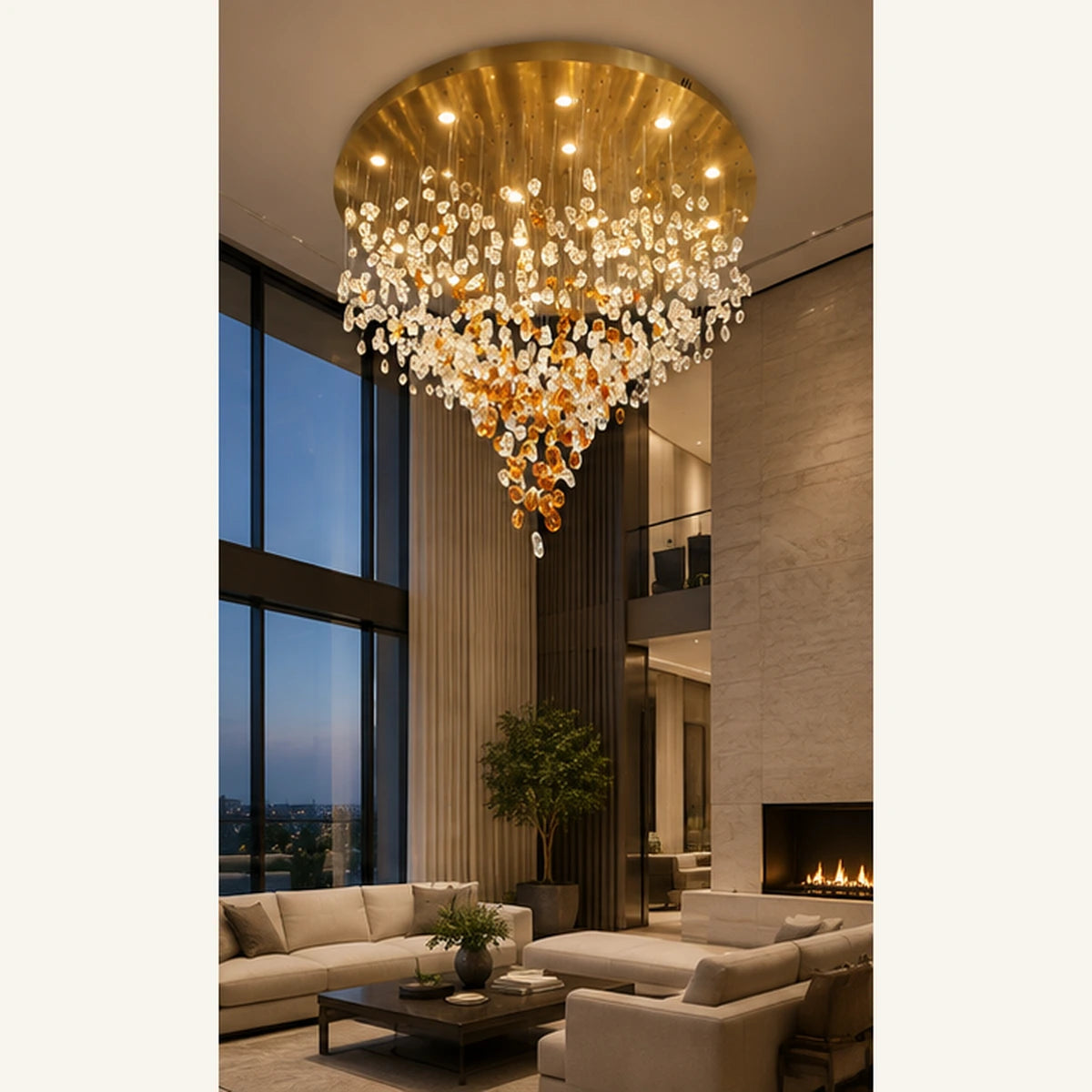 Glass cascade chandelier in a double-height living room