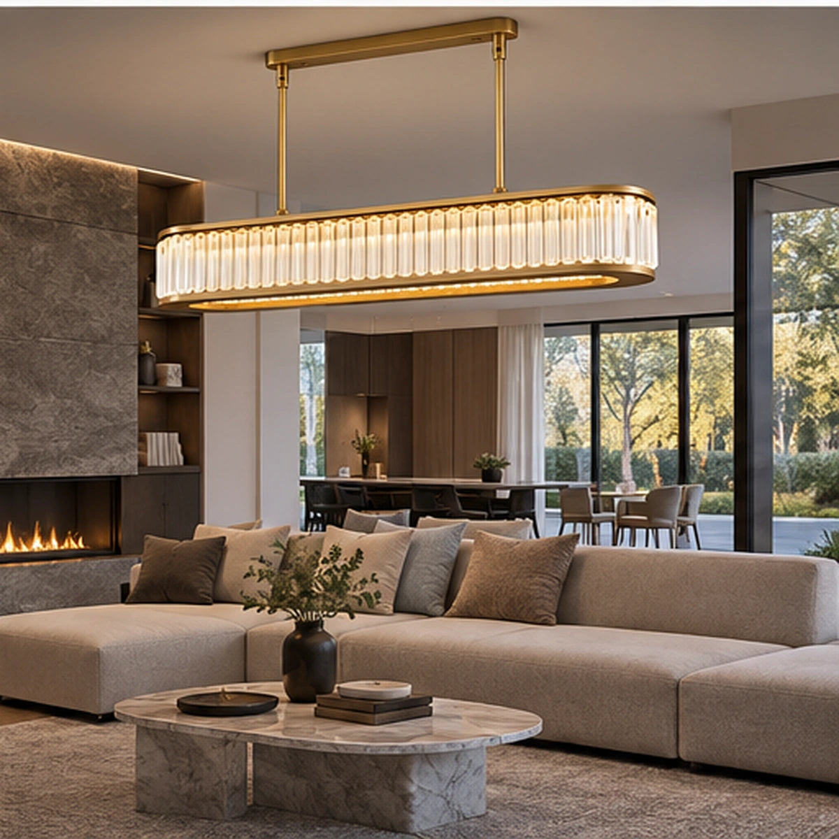 Linear crystal chandelier in an open-plan room